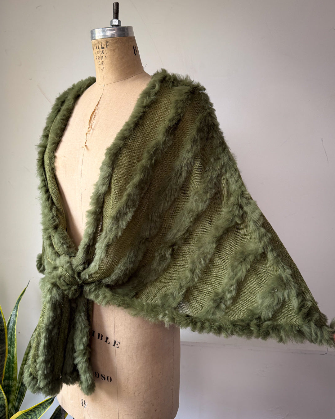 Y2K Green Fuzzy Rabbit Fur Stripe Wool Knit Tie Shawl
