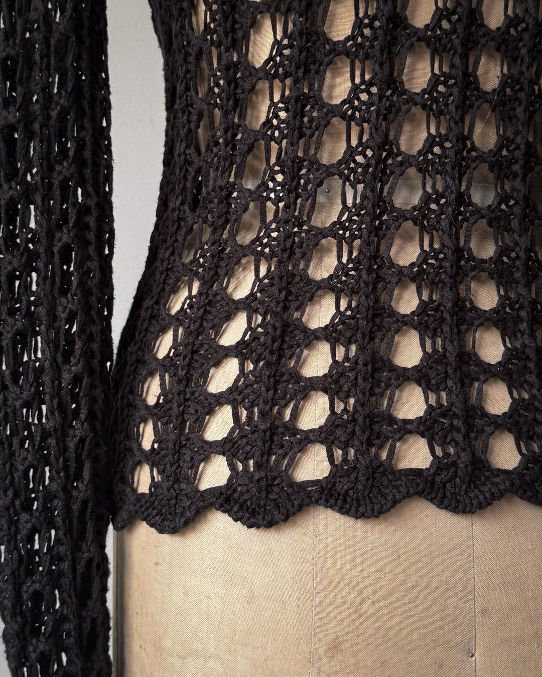 90s Black Open Crochet Long Sleeve Knit Made in Italy Top / S