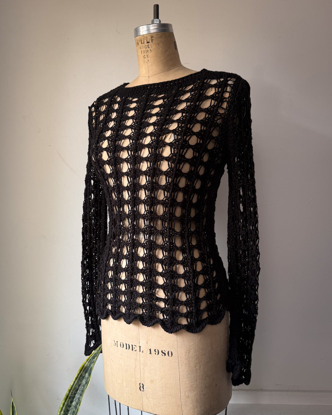 90s Black Open Crochet Long Sleeve Knit Made in Italy Top / S