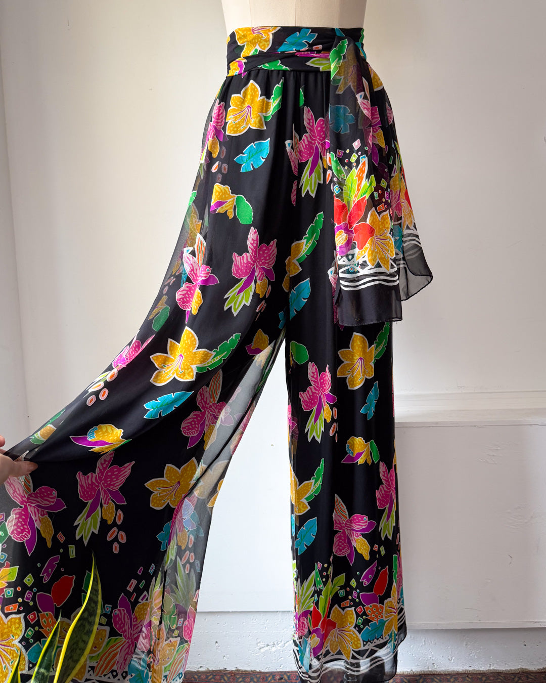 90s Colorful Silk Palazzo Pants & Scarf / L
