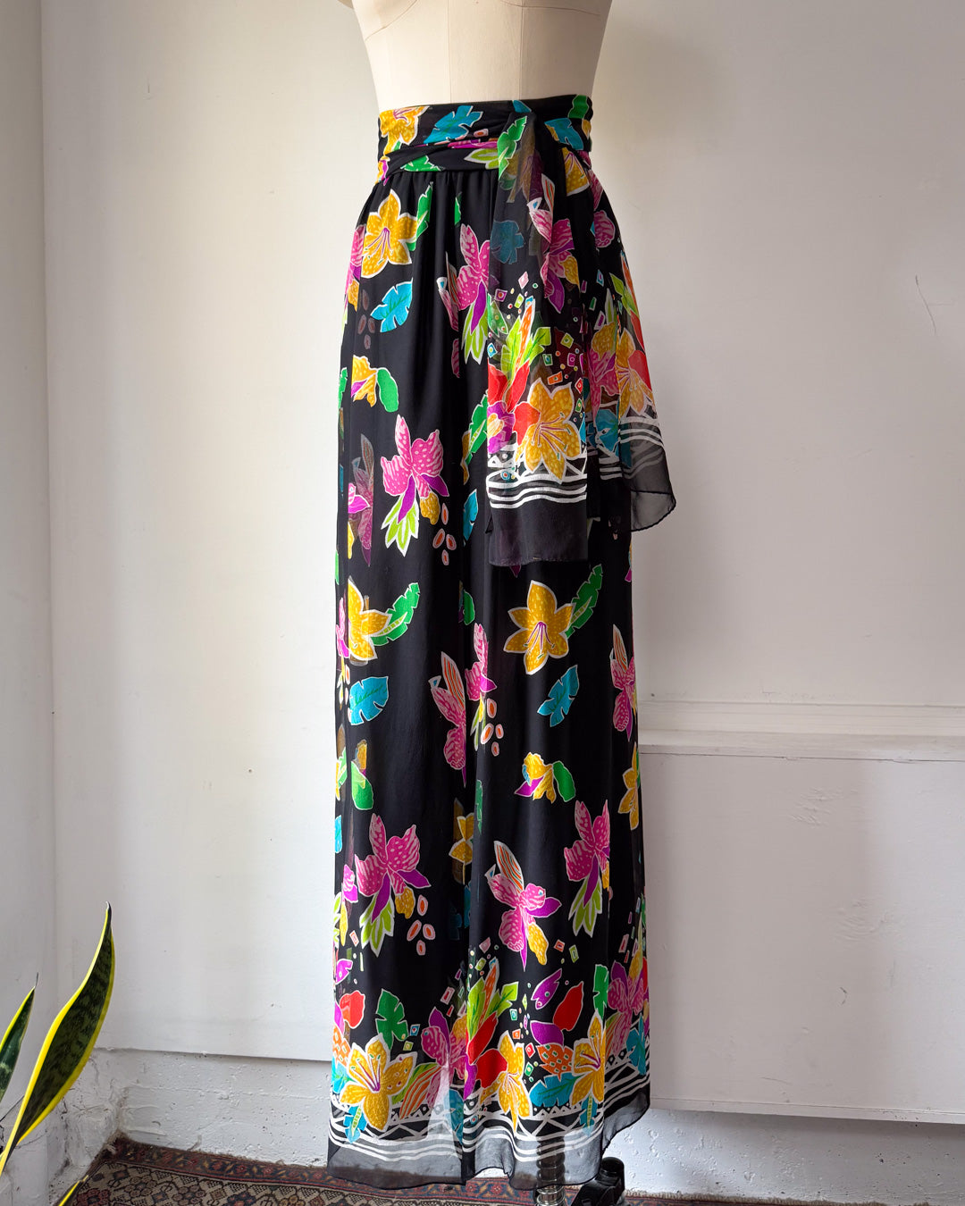 90s Colorful Silk Palazzo Pants & Scarf / L