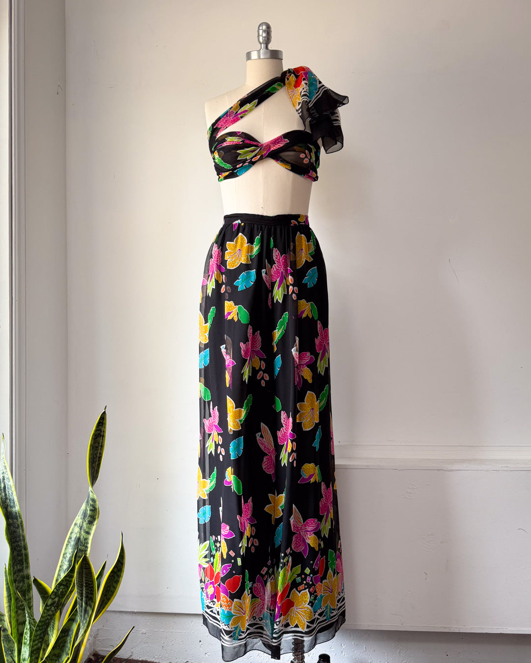 90s Colorful Silk Palazzo Pants & Scarf / L