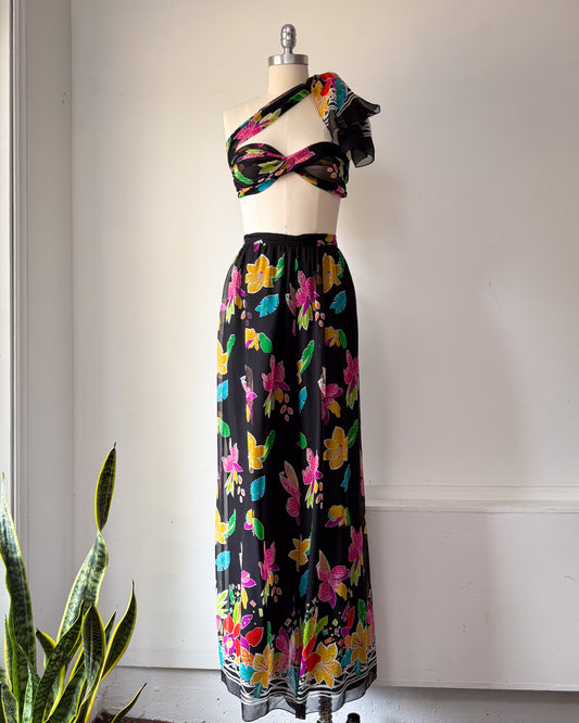 90s Colorful Silk Palazzo Pants & Scarf / L