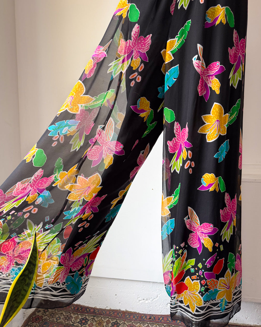 90s Colorful Silk Palazzo Pants & Scarf / L