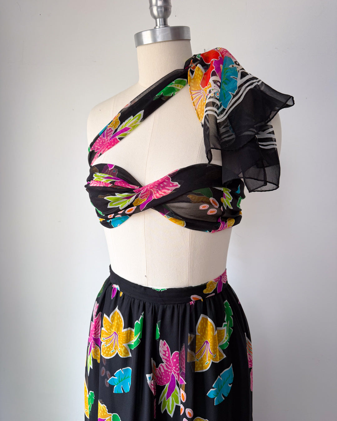 90s Colorful Silk Palazzo Pants & Scarf / L