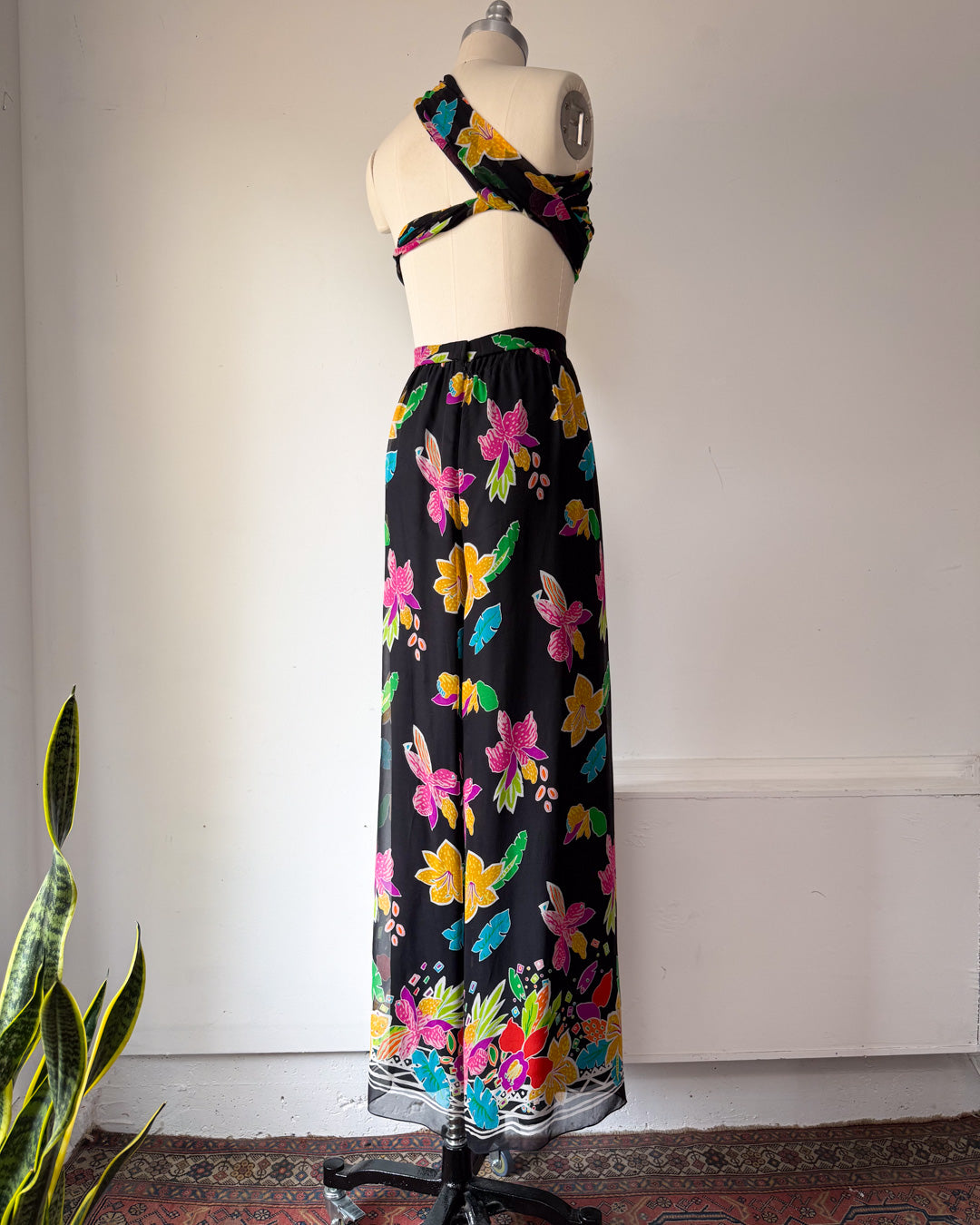 90s Colorful Silk Palazzo Pants & Scarf / L