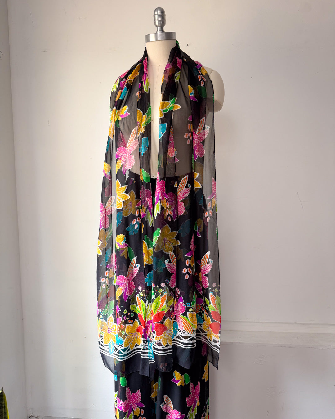 90s Colorful Silk Palazzo Pants & Scarf / L