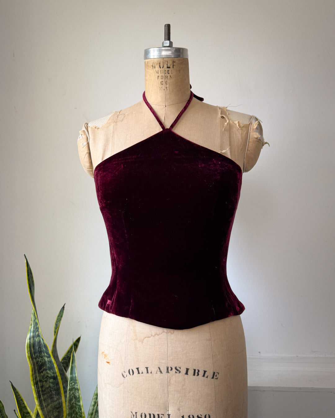 Y2K Wine Silk Velvet Crop Halter Top / XS-S