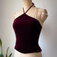 Y2K Wine Silk Velvet Crop Halter Top / XS-S