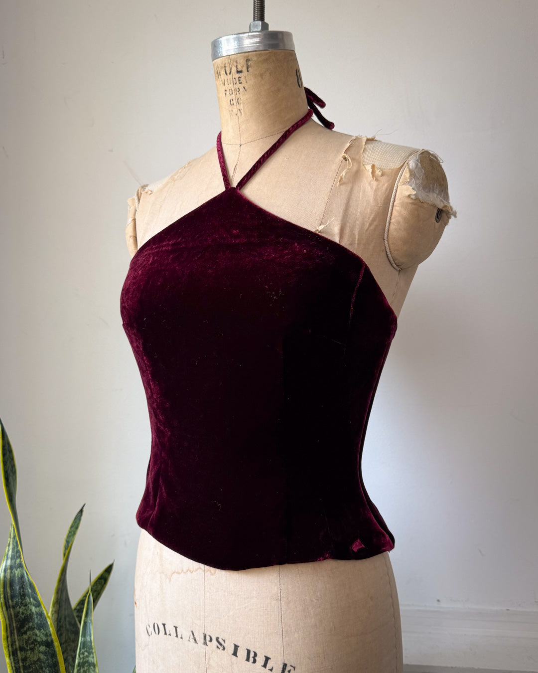 Y2K Wine Silk Velvet Crop Halter Top / XS-S