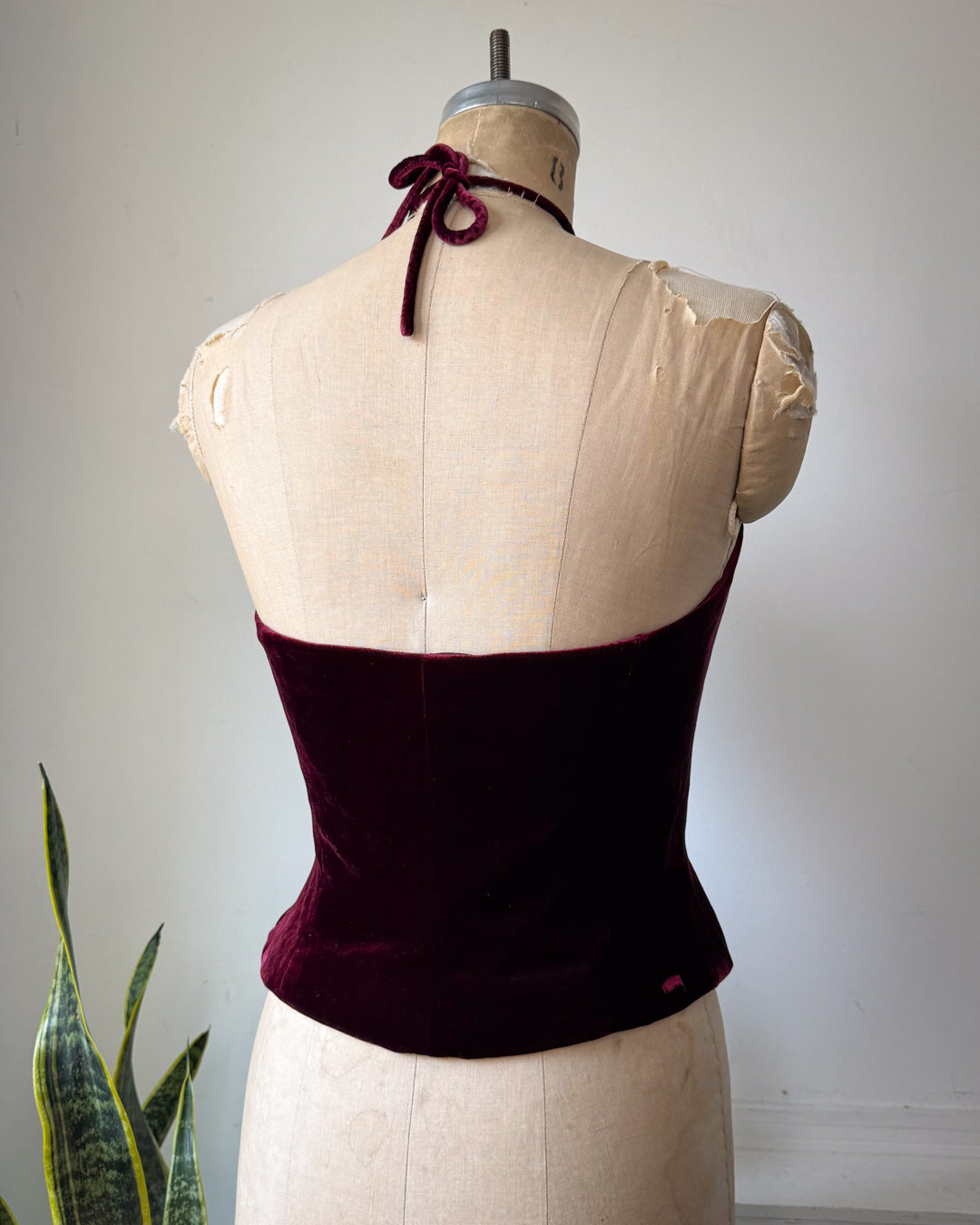 Y2K Wine Silk Velvet Crop Halter Top / XS-S