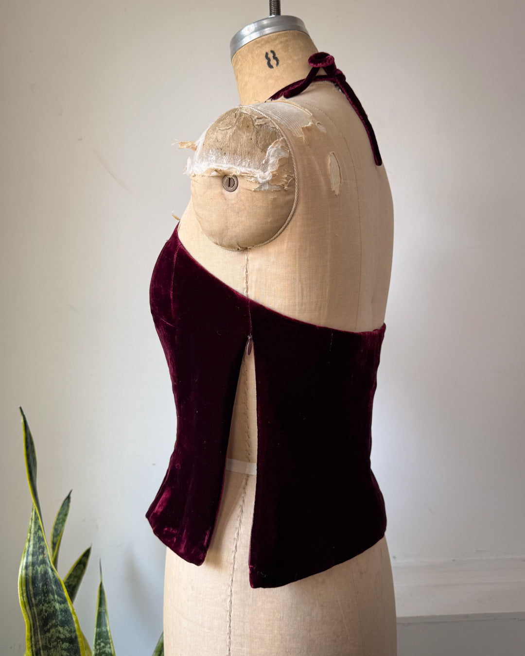 Y2K Wine Silk Velvet Crop Halter Top / XS-S