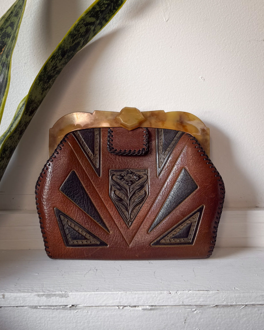 30s Art Deco Tooled Leather Belt Bag