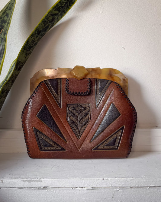 30s Art Deco Tooled Leather Belt Bag