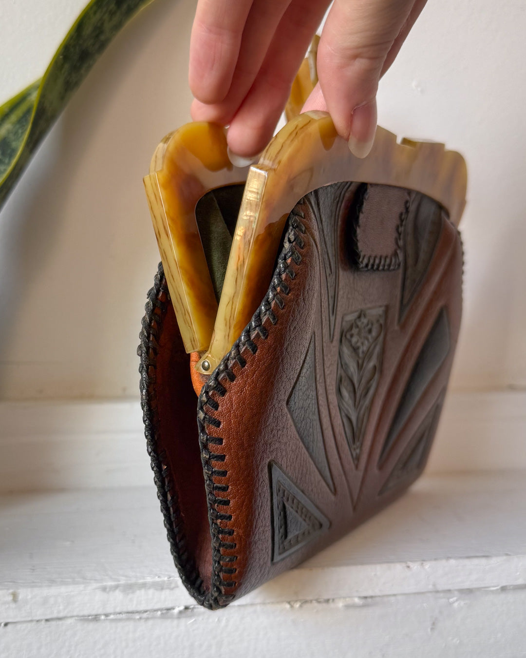 30s Art Deco Tooled Leather Belt Bag