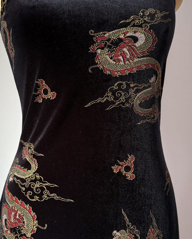 90s Black Velvet Dragon Motif Dress / S