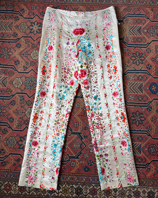 90s Norma Kamali Silk Floral Embroidered Pants / S