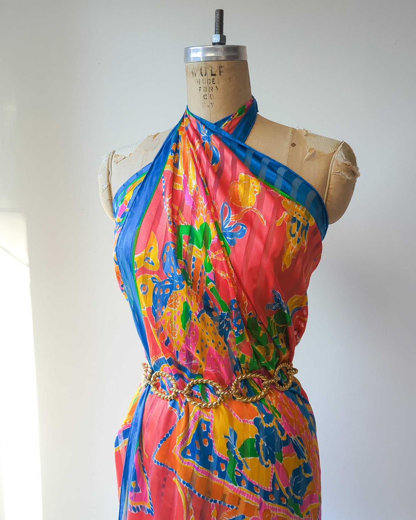 80s YSL Oversize Novelty Print Neon Circus Silk Scarf
