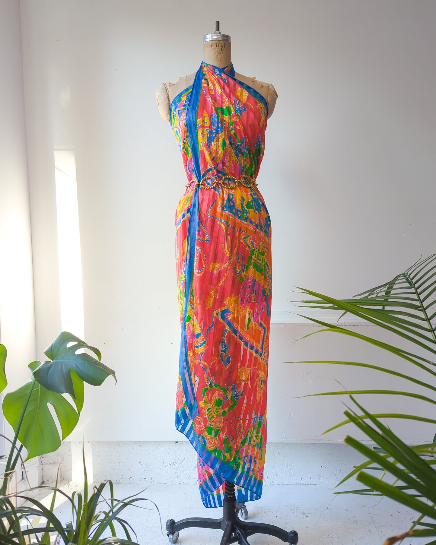 80s YSL Oversize Novelty Print Neon Circus Silk Scarf