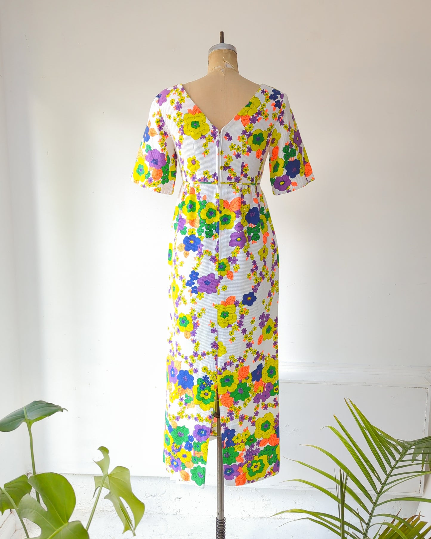 60s Neon Floral Cotton Maxi Dress