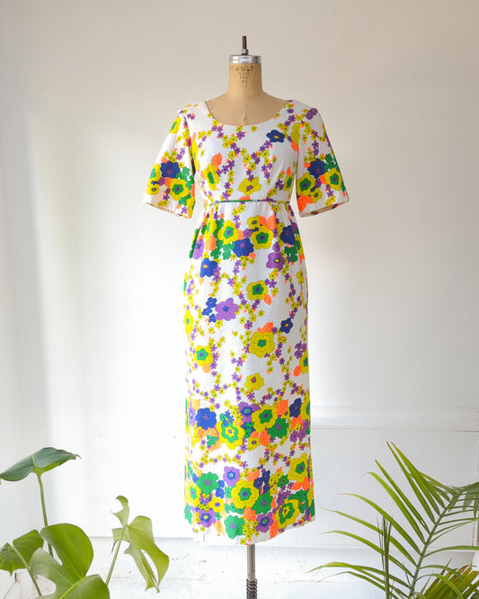60s Neon Floral Cotton Maxi Dress