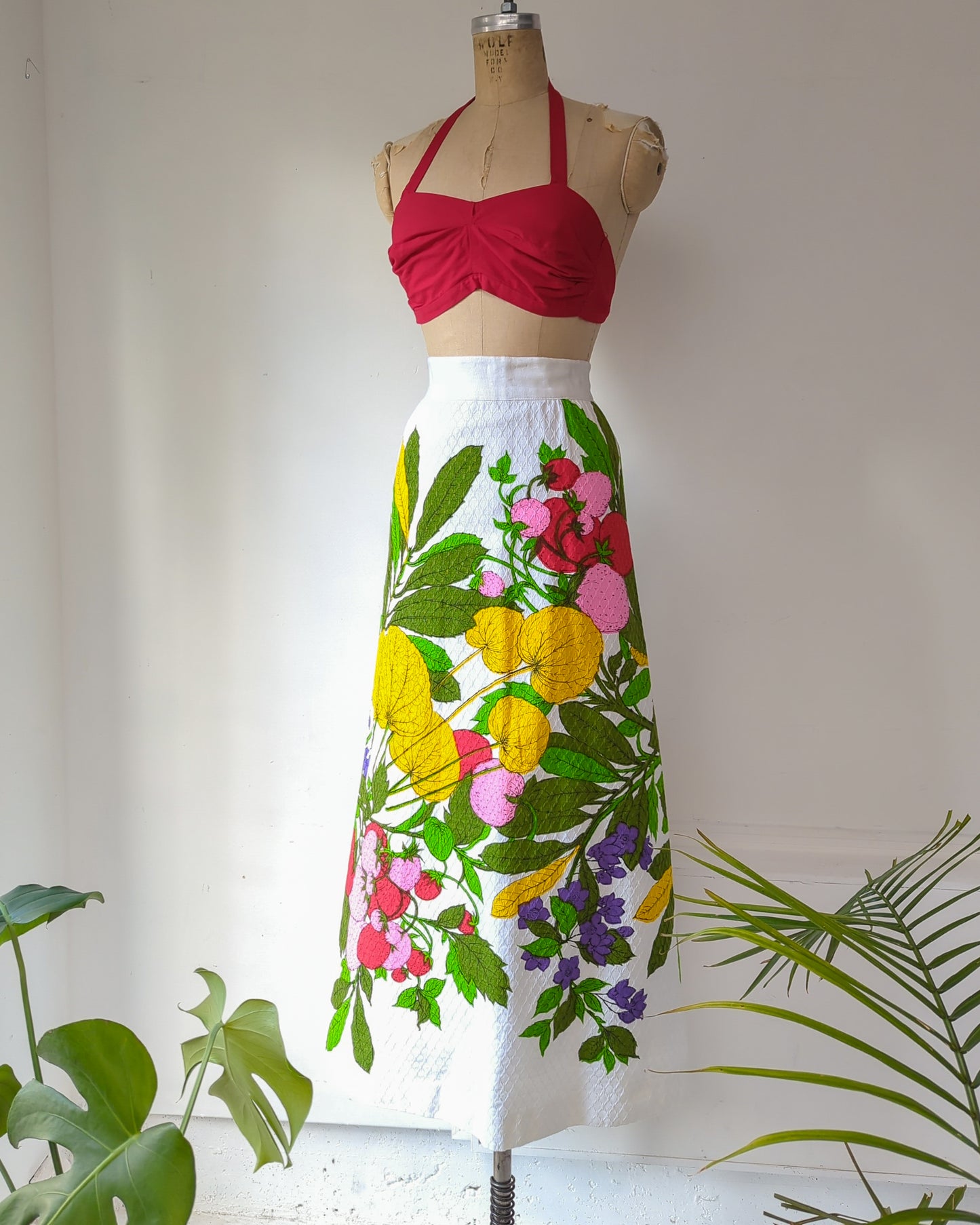 60s Fruit Print Textured Cotton Maxi Skirt