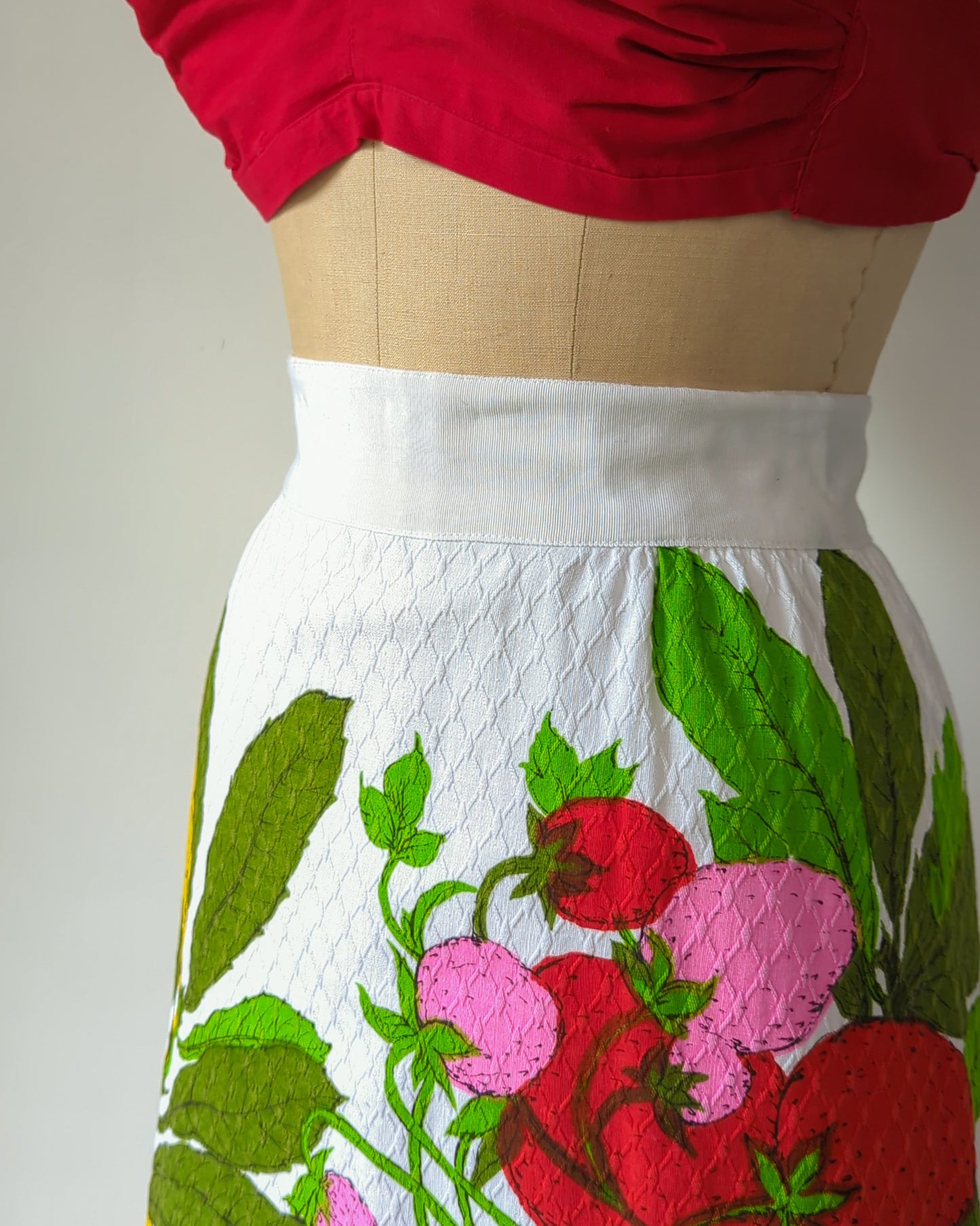 60s Fruit Print Textured Cotton Maxi Skirt
