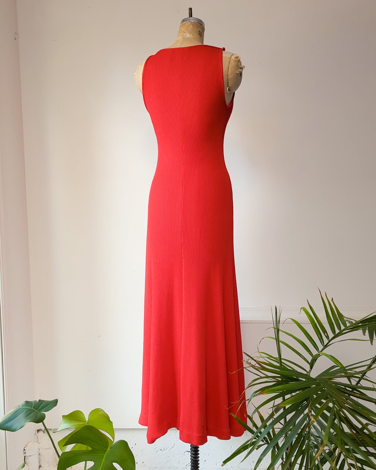 70s Tomato Red Knit Mermaid Gown / XS-M