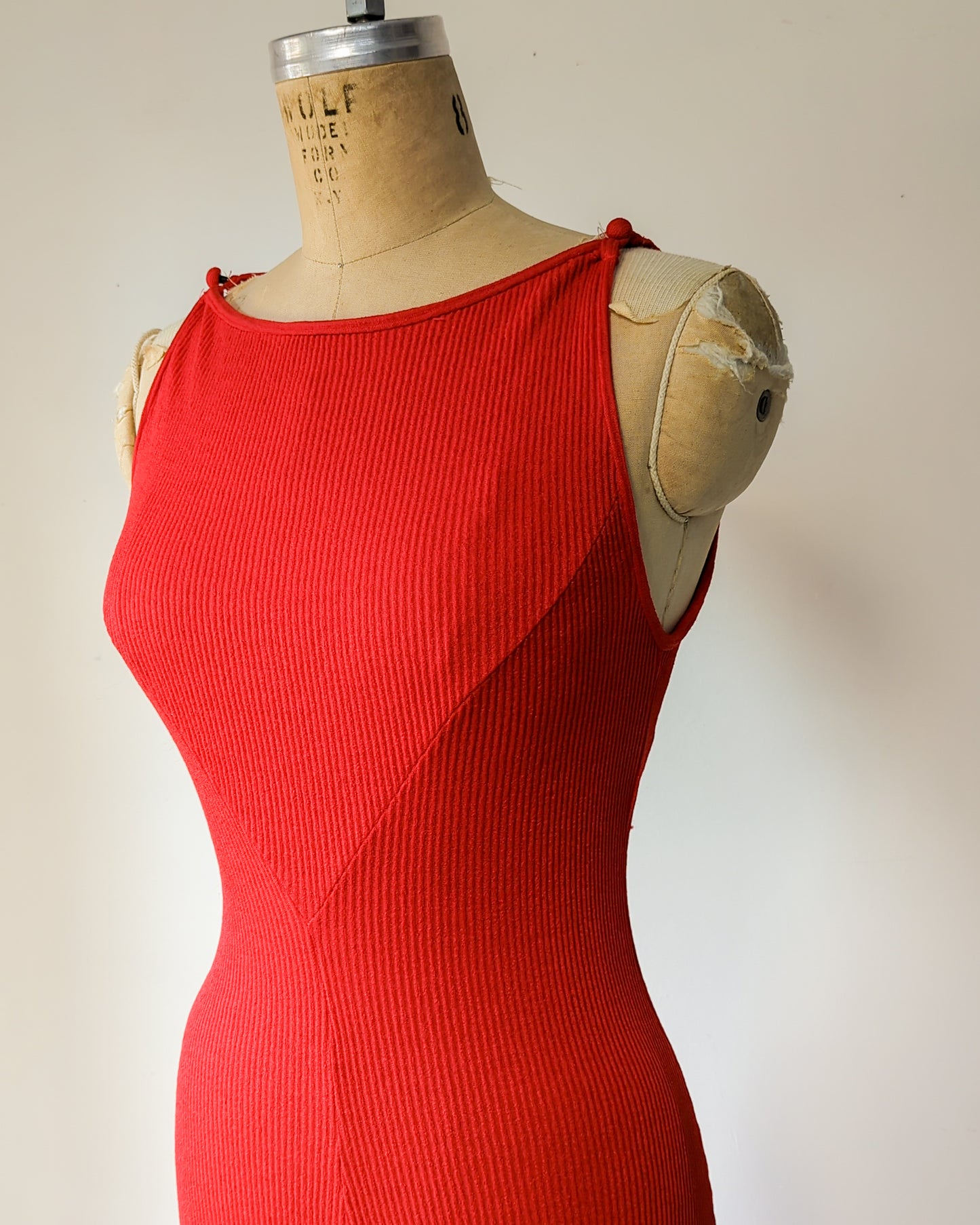 70s Tomato Red Knit Mermaid Gown / XS-M