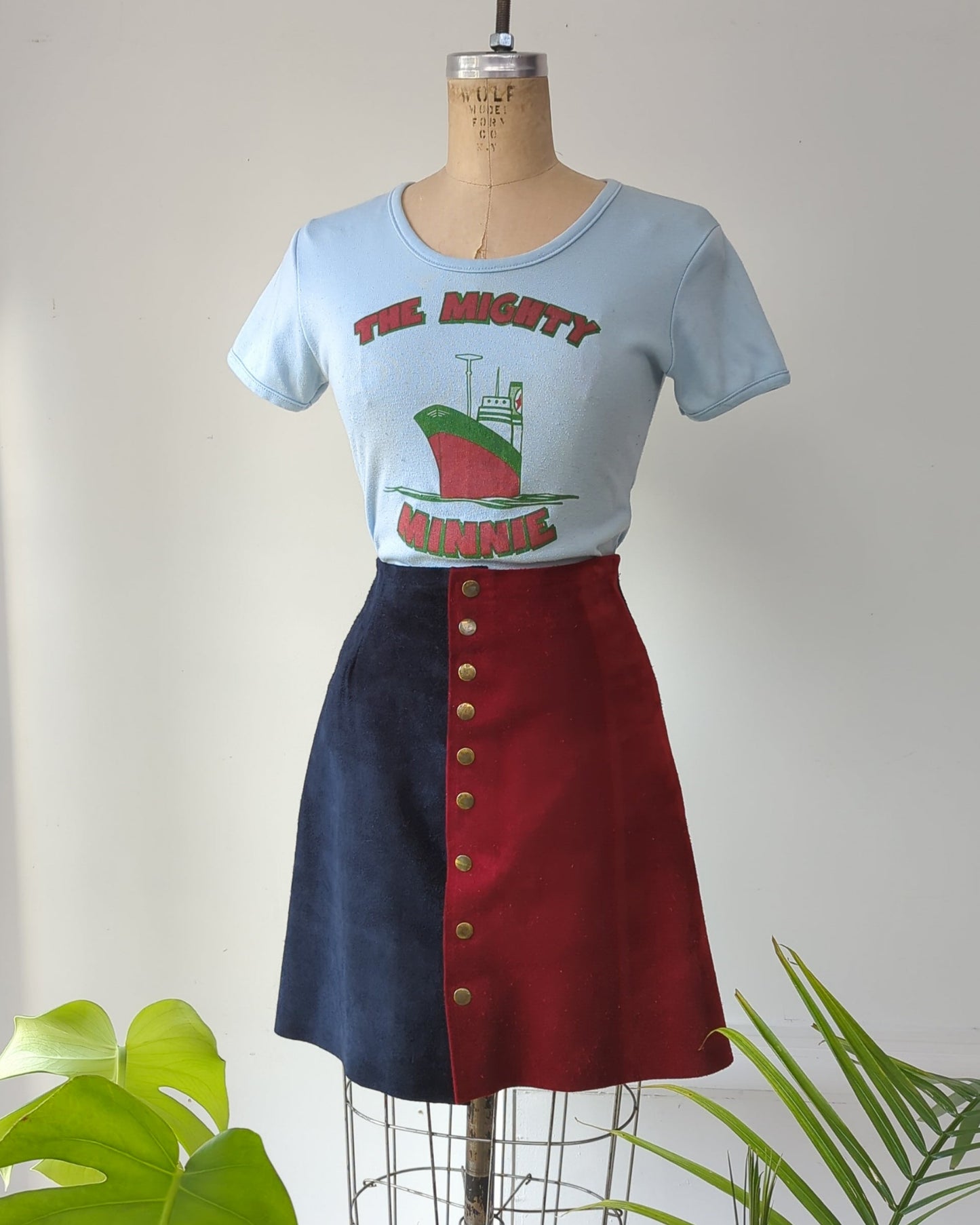 70s Two Tone Color Block Suede Skirt / XS-S