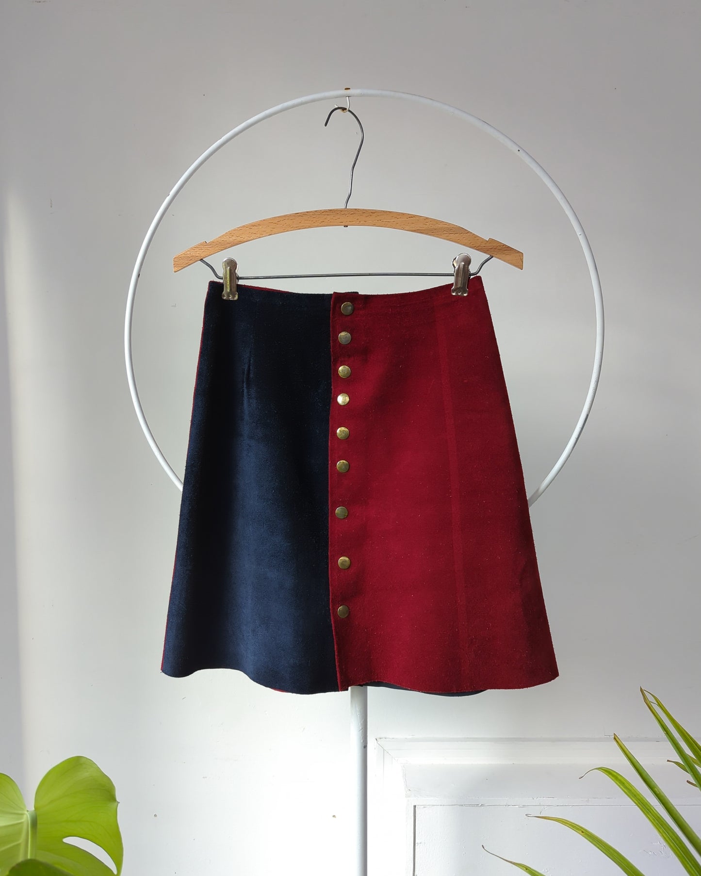 70s Two Tone Color Block Suede Skirt / XS-S