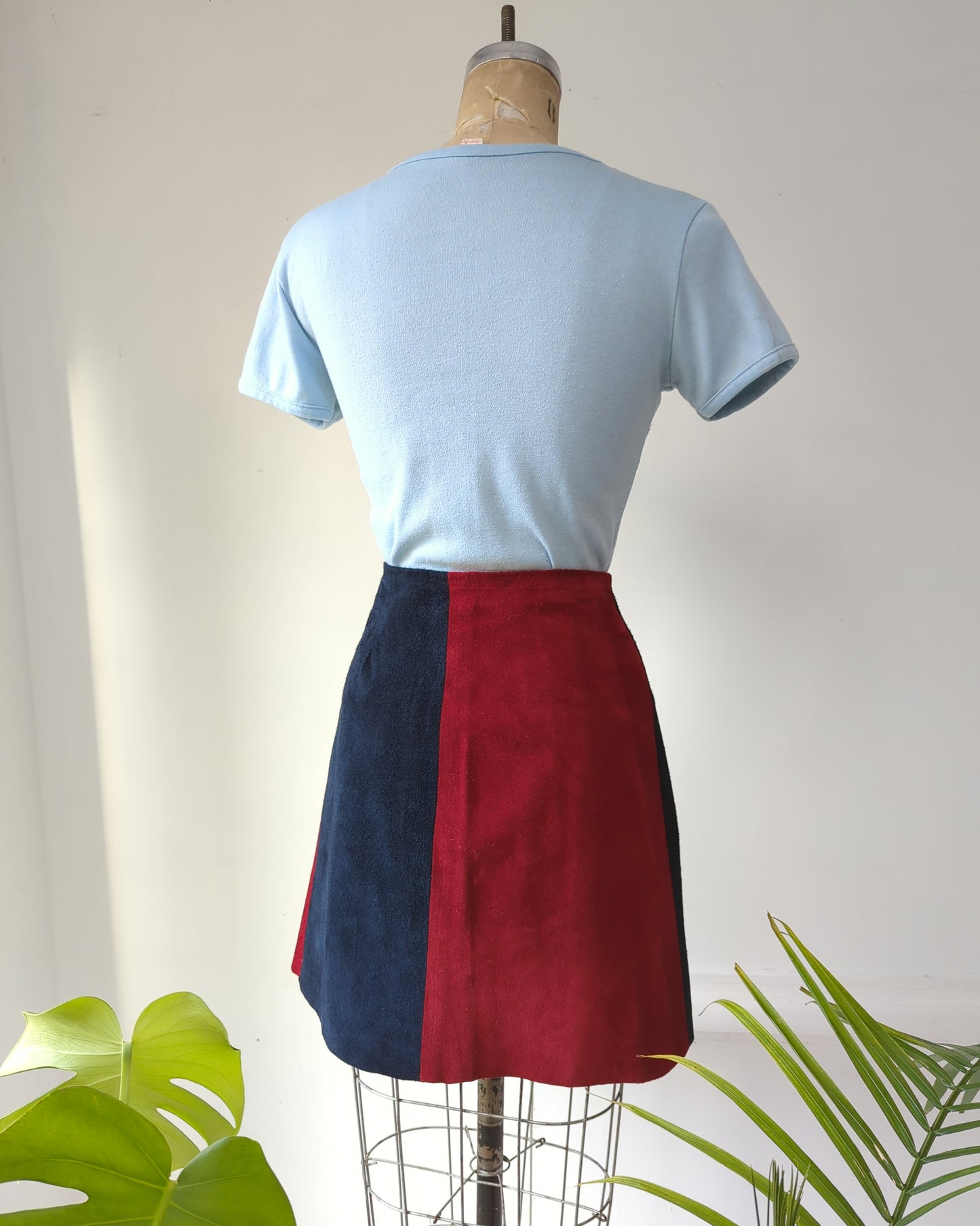 70s Two Tone Color Block Suede Skirt / XS-S