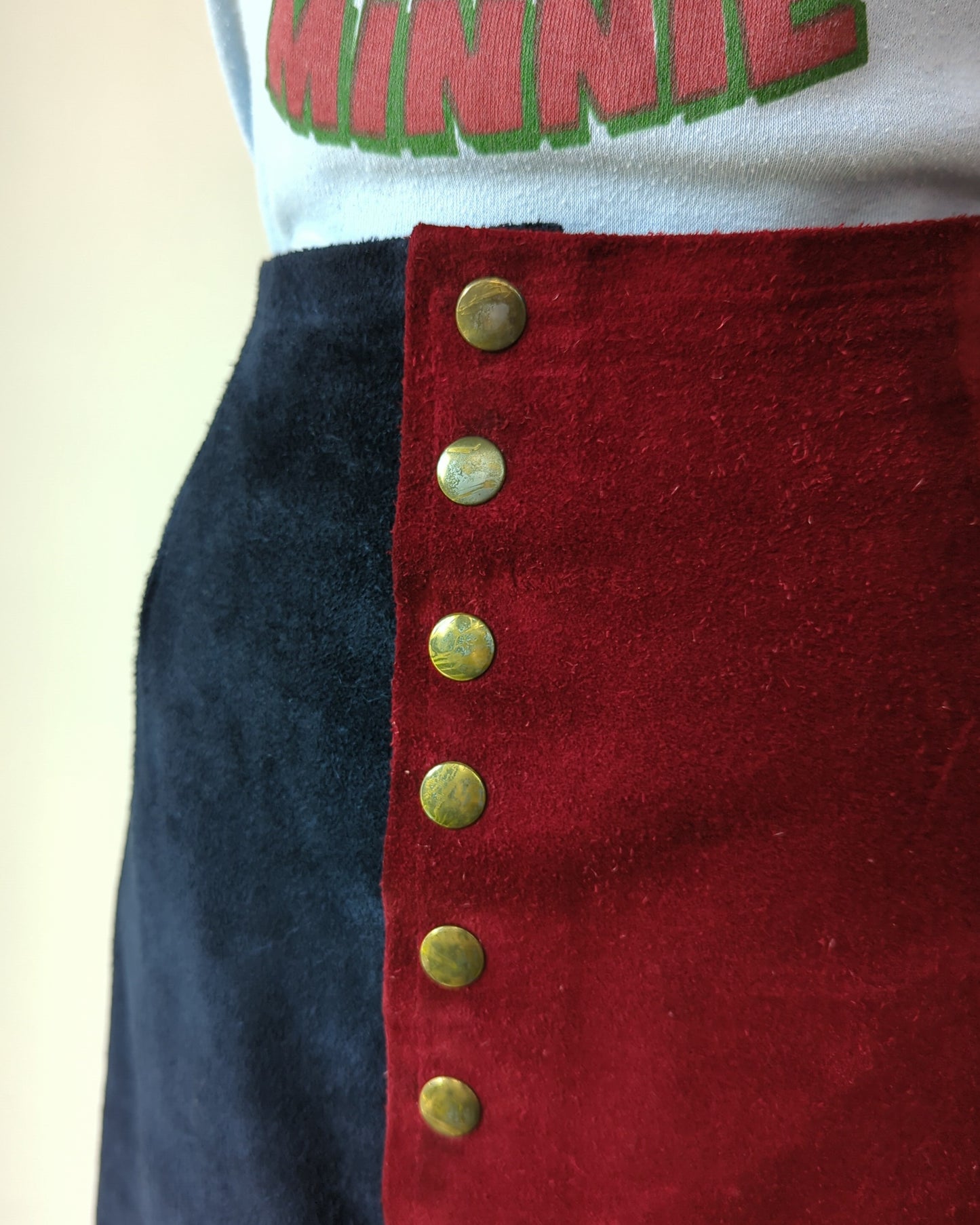 70s Two Tone Color Block Suede Skirt / XS-S
