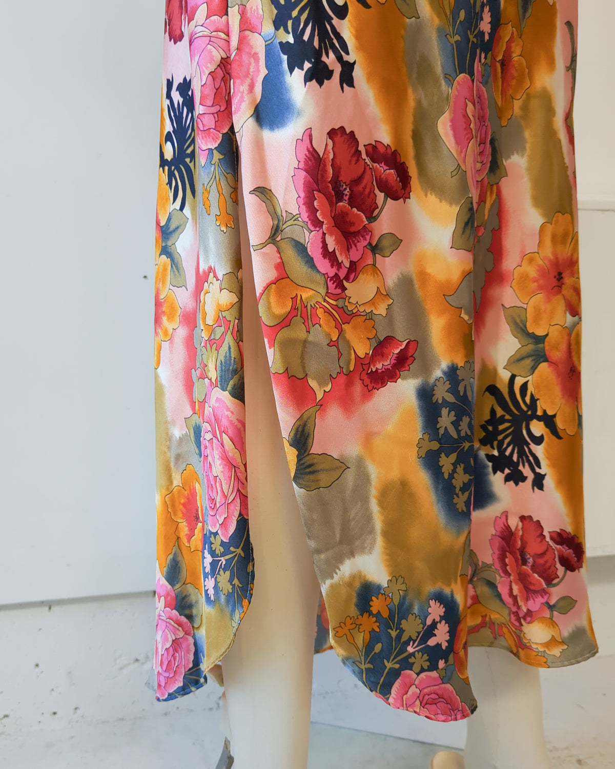 90s Natori Silky Floral Robe & Bias Cut Slip Dress Lingerie Set / S