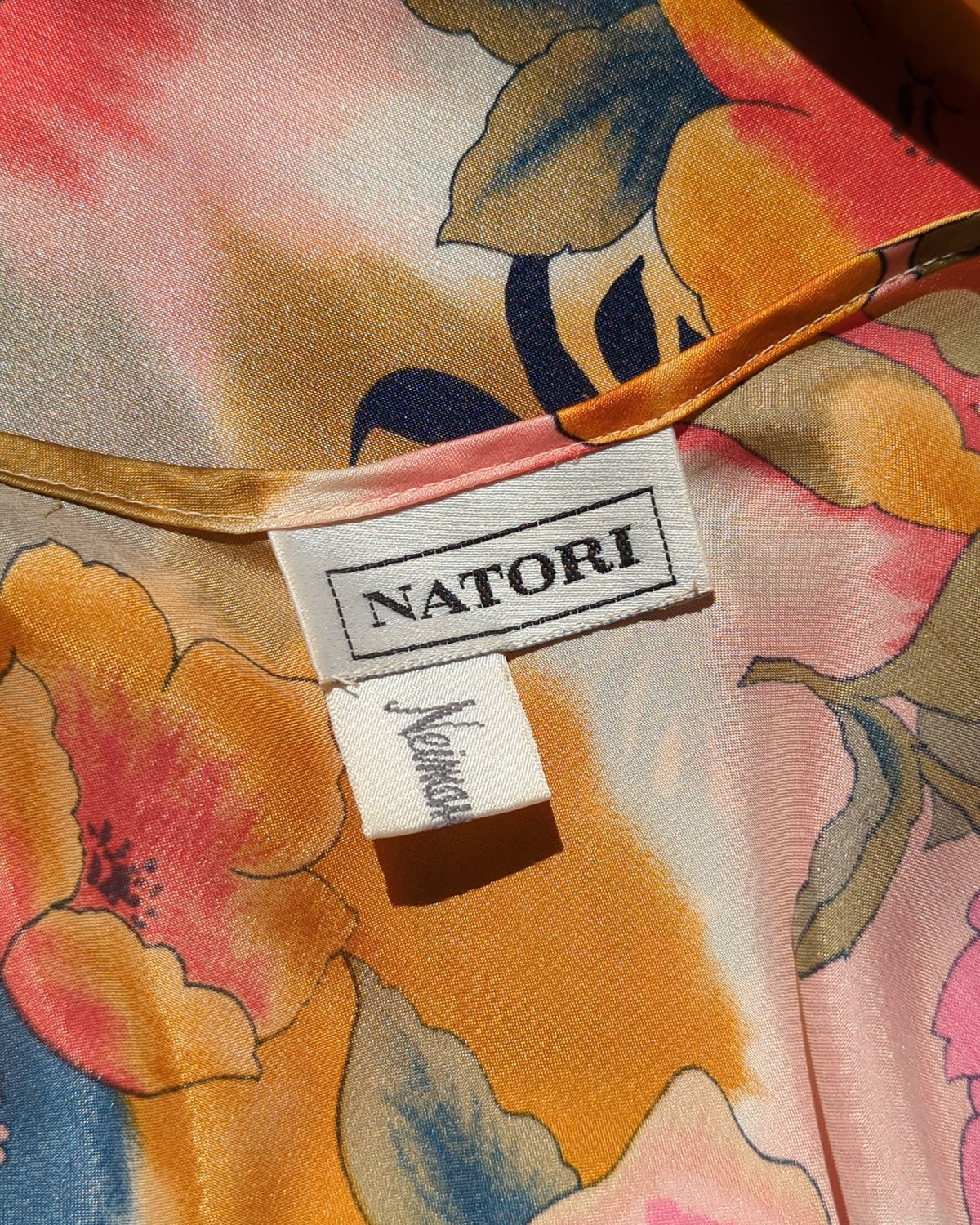 90s Natori Silky Floral Robe & Bias Cut Slip Dress Lingerie Set / S