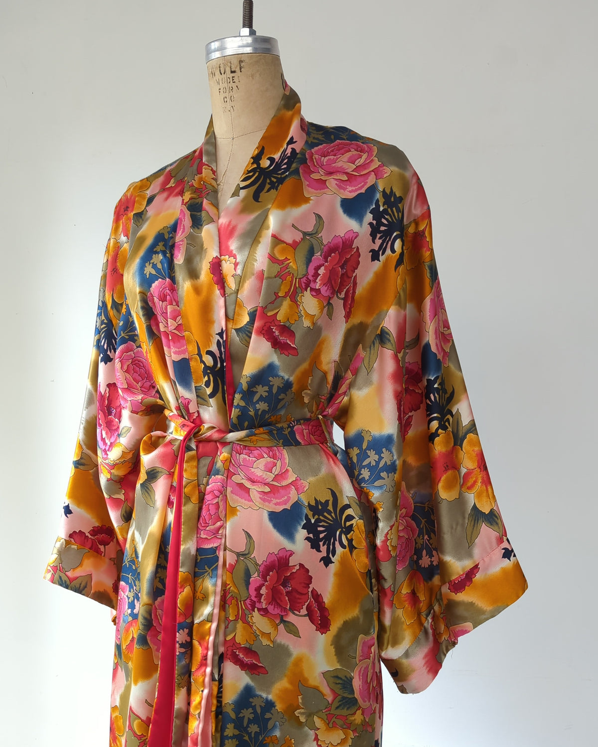 90s Natori Silky Floral Robe & Bias Cut Slip Dress Lingerie Set / S