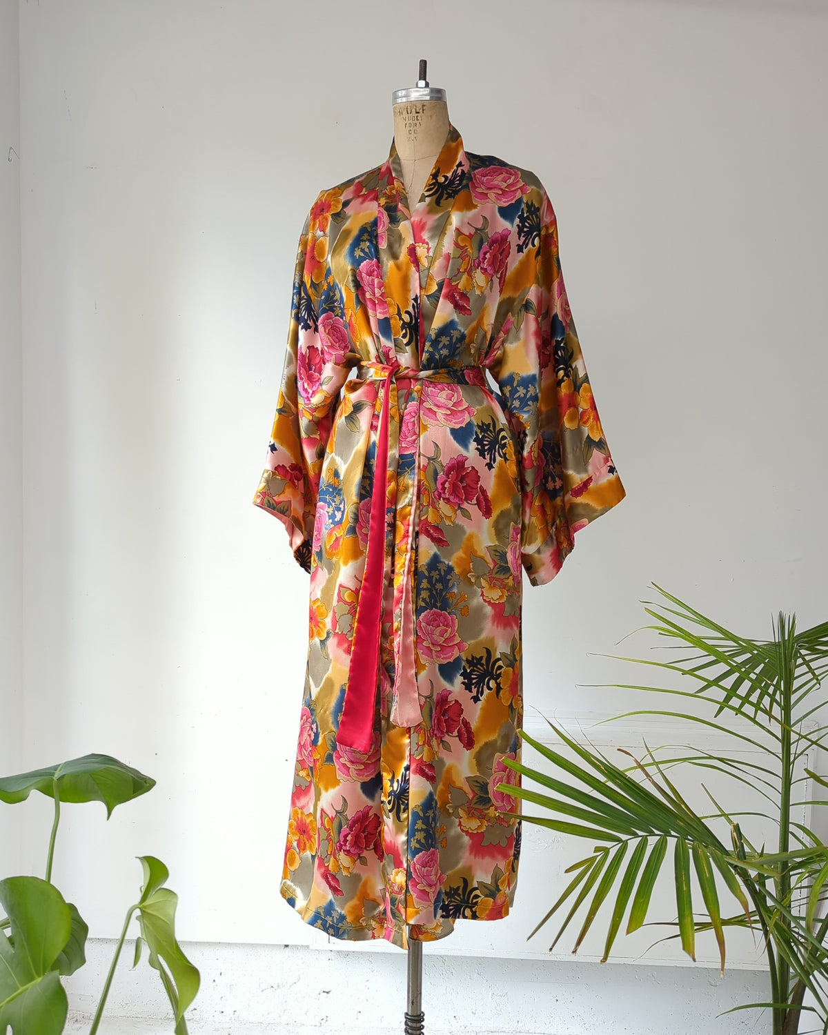 90s Natori Silky Floral Robe & Bias Cut Slip Dress Lingerie Set / S