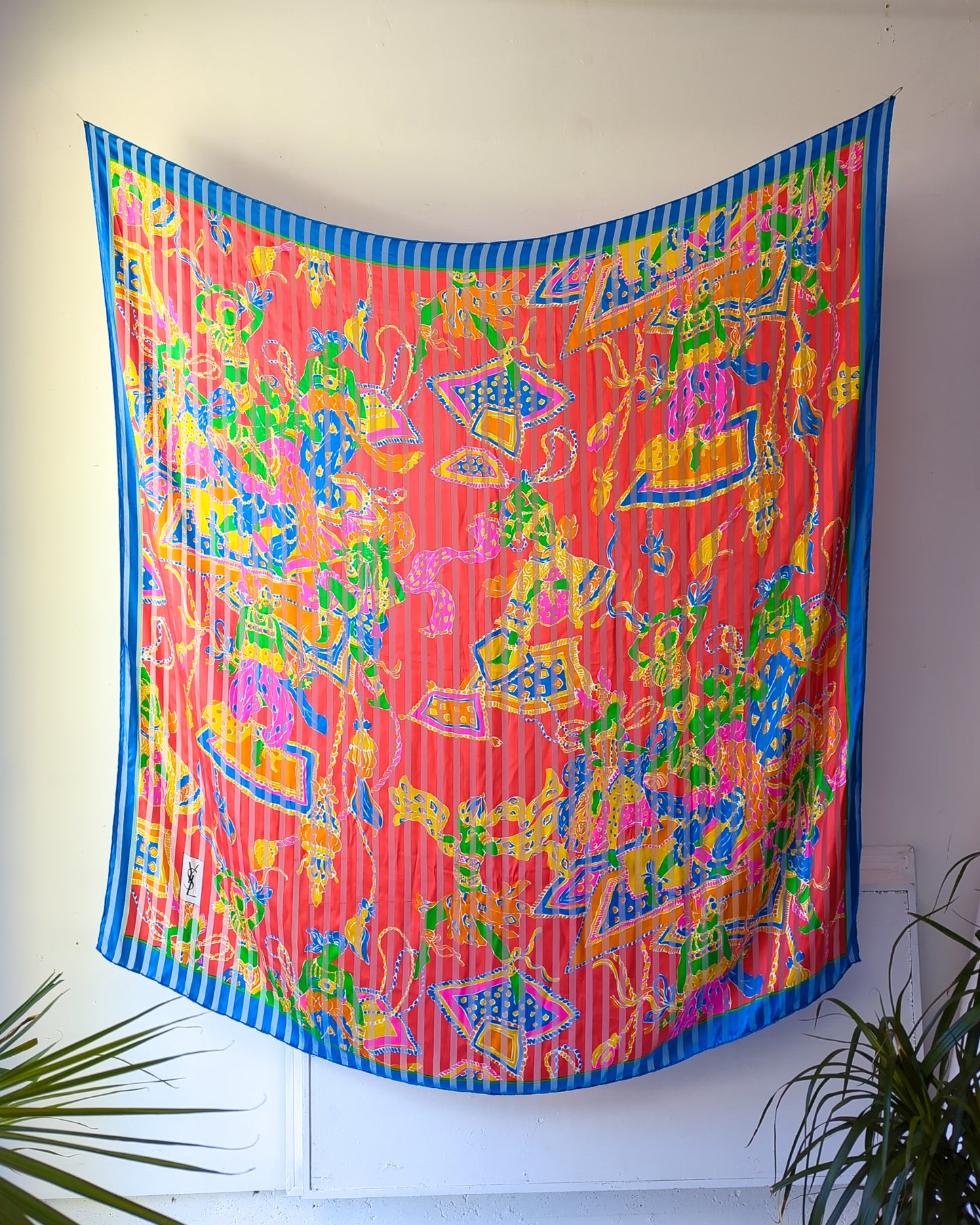 80s YSL Oversize Novelty Print Neon Circus Silk Scarf