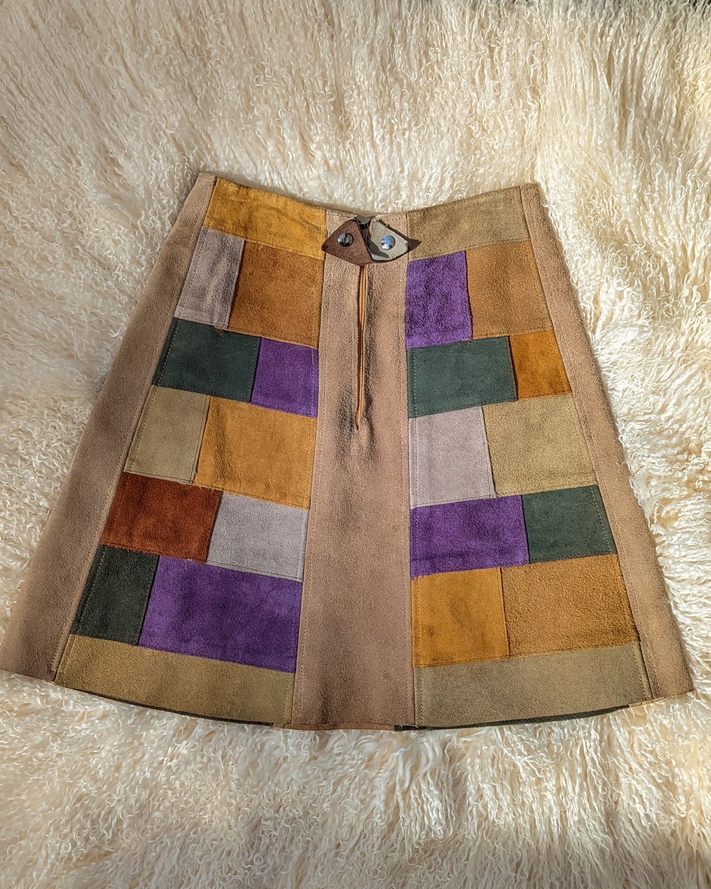 70s Colorful Patchwork Suede Mini Skirt
