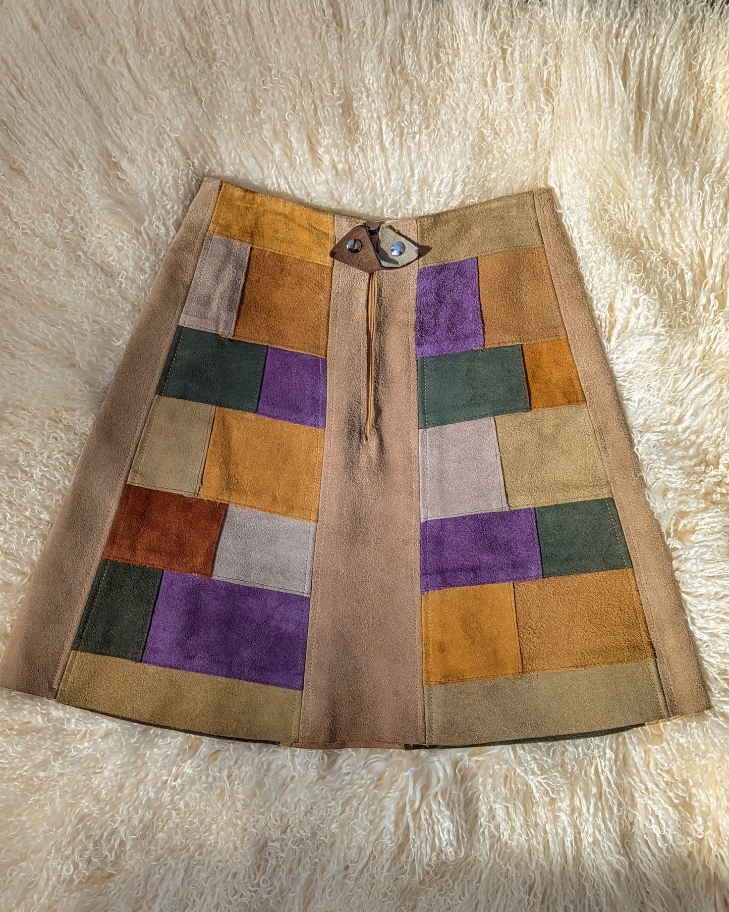 70s Colorful Patchwork Suede Mini Skirt / XS