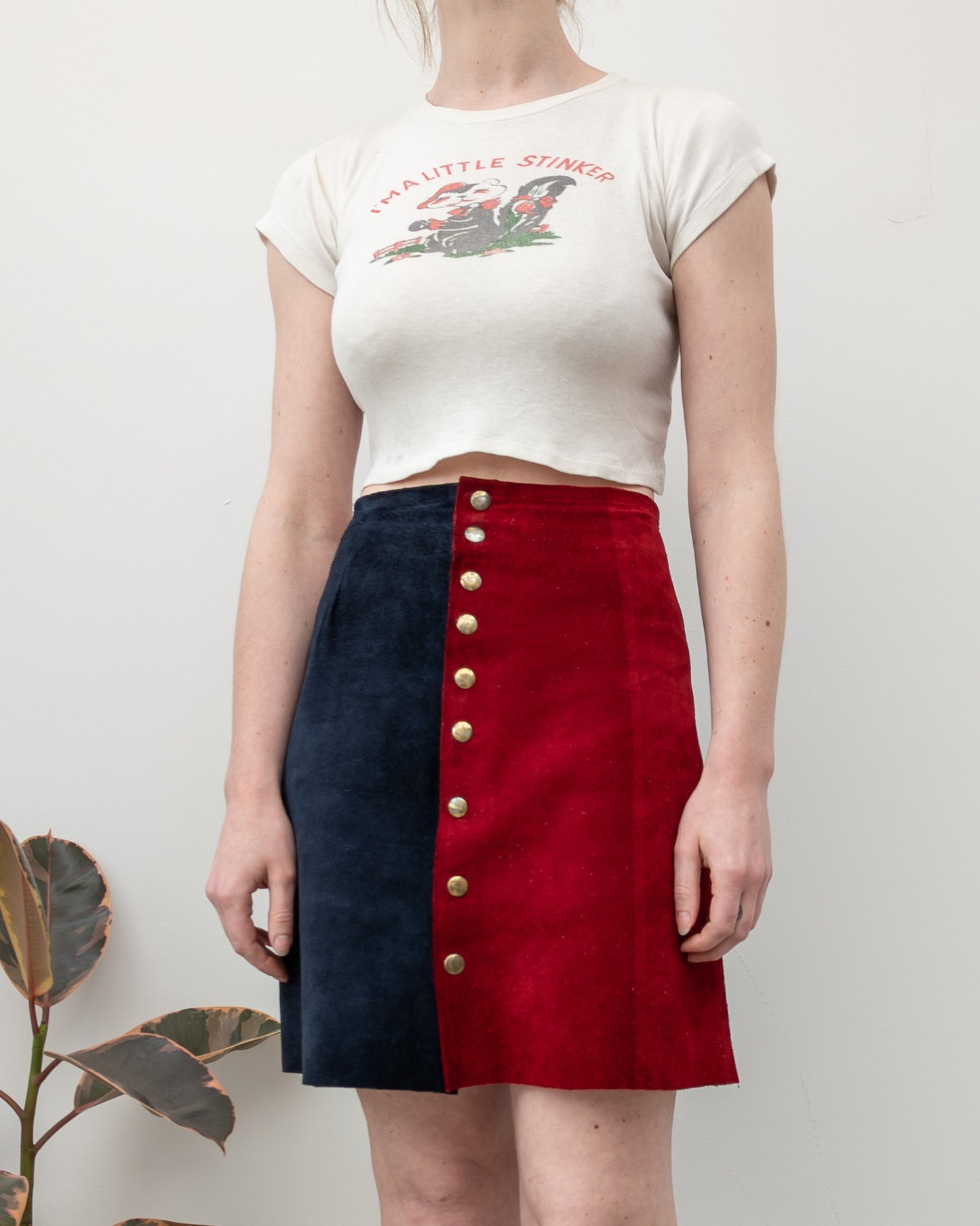70s Two Tone Color Block Suede Skirt / XS-S