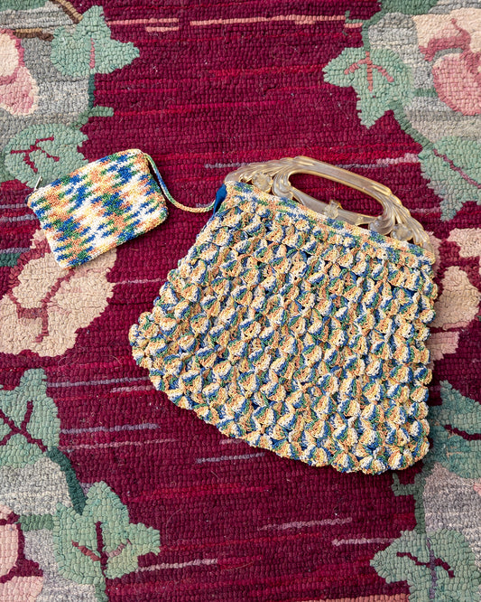 Antique 30s Rainbow Crochet Celluloid Handle Purse