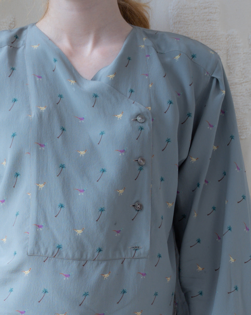 1980s Krizia Novelty Print Silk Blouse / M