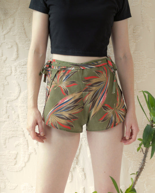 70s Tropical Print Wrap Shorts