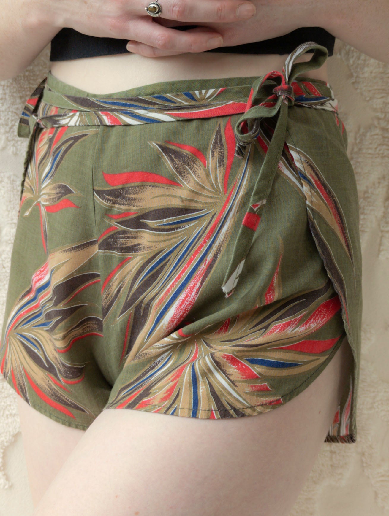 70s Tropical Print Wrap Shorts