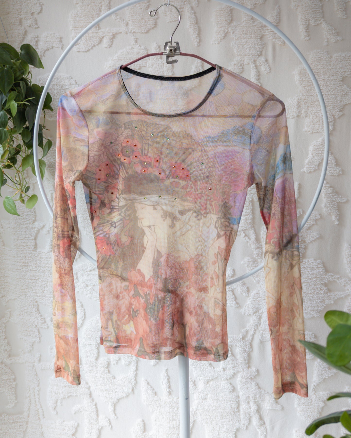 90s Art Nouveau Printed Mesh Top