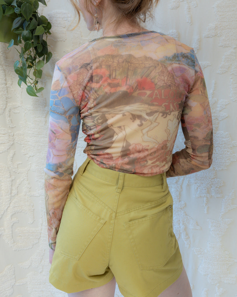 90s Art Nouveau Printed Mesh Top