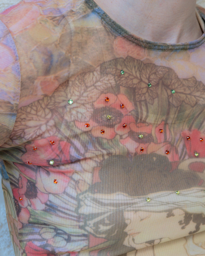 90s Art Nouveau Printed Mesh Top