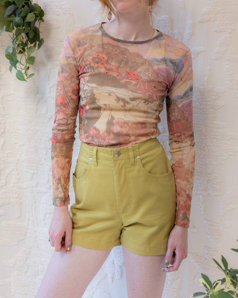 90s Art Nouveau Printed Mesh Top