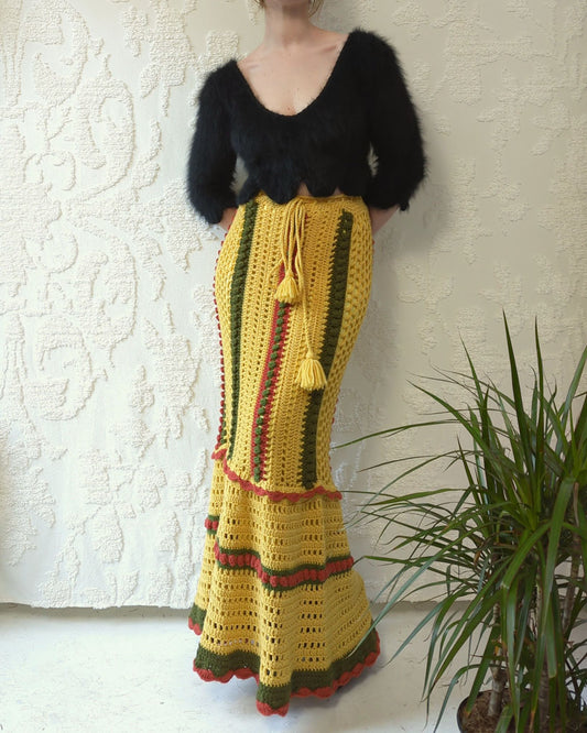 70s Mustard Yellow Autumn Crochet Maxi Skirt / S-M